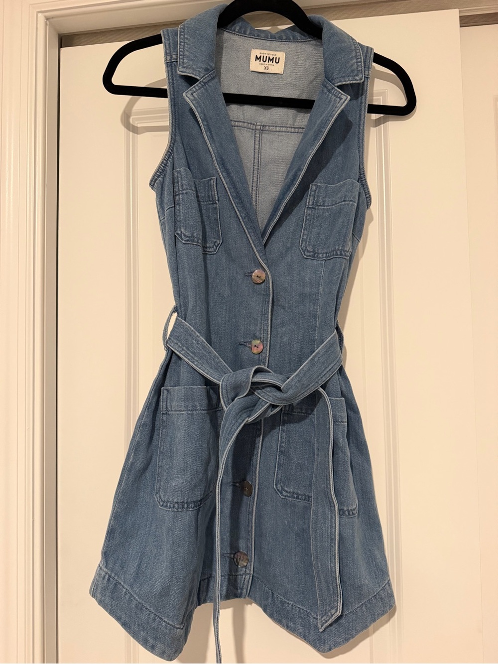 Show me your mumu Light Denim Mini Dress with Tie Waist